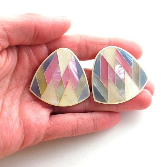 Vintage Style Mother of Pearl Inlay Southwestern Clip On Screwback Earrings - Picture 4 of 4